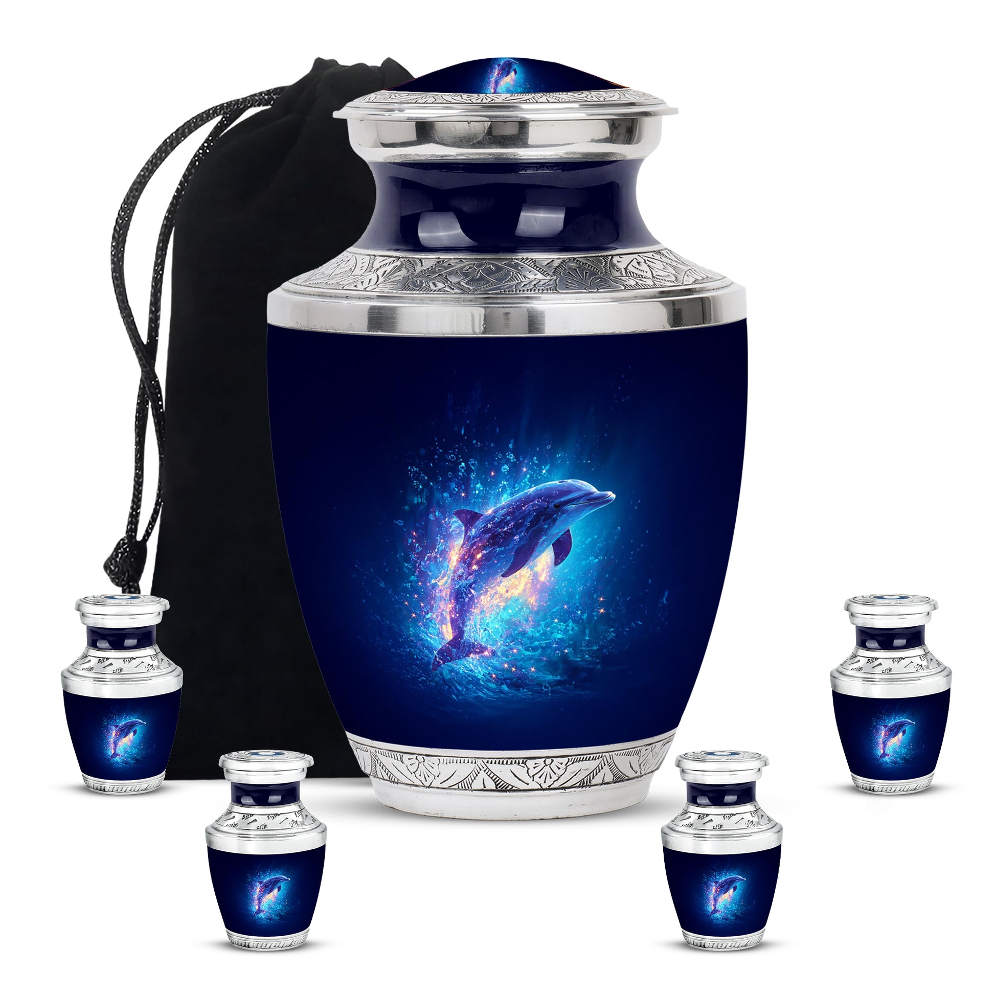 Serene Blue Dolphin Cremation Urn lifestyle display on memorial shelf - stylized abstract dolphin pattern with bold lines - memorial set with one large and four small urns