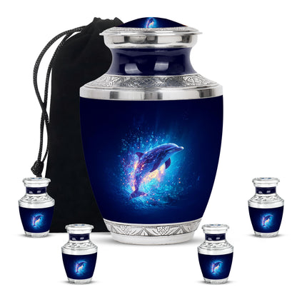 Serene Blue Dolphin Cremation Urn lifestyle display on memorial shelf - stylized abstract dolphin pattern with bold lines - memorial set with one large and four small urns