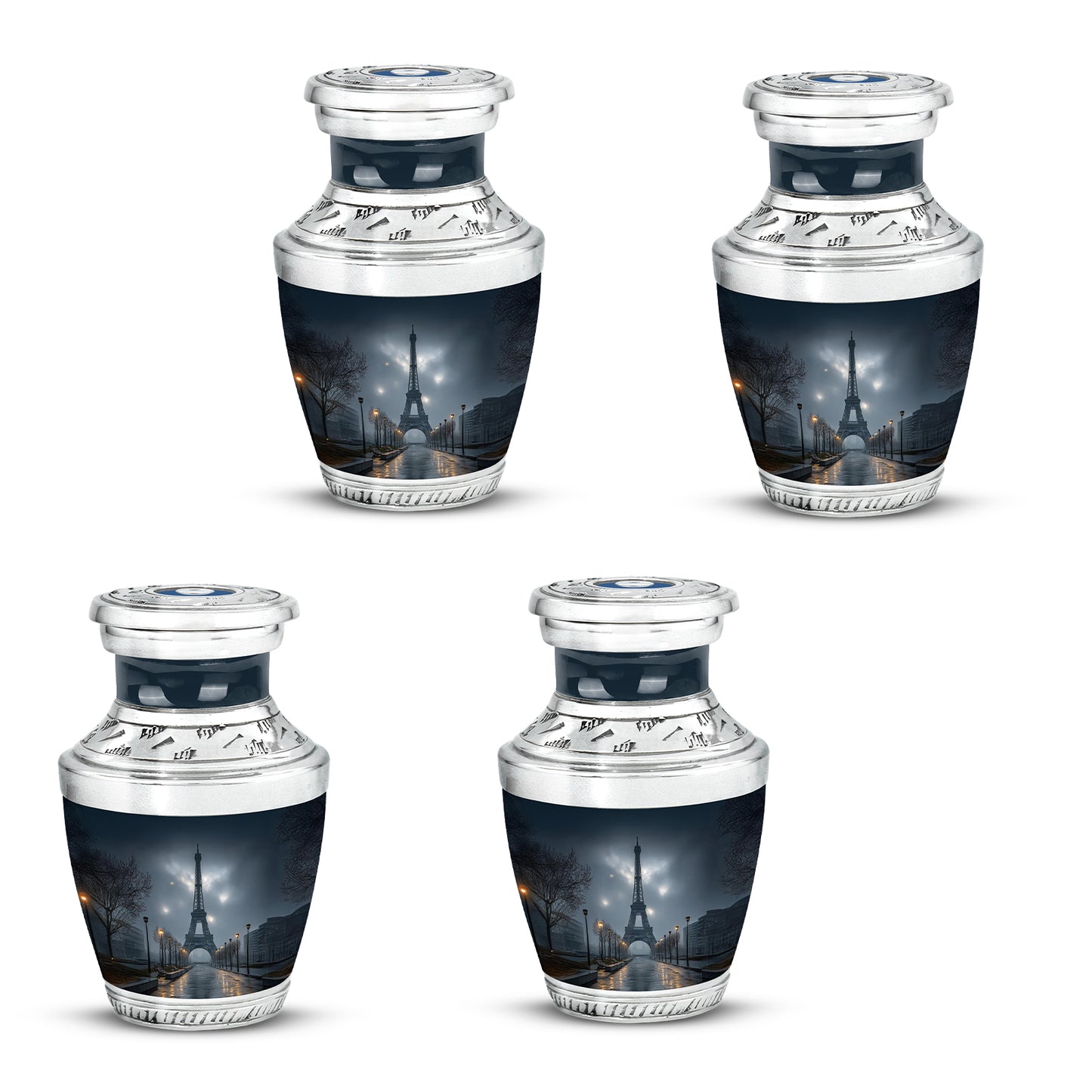 Slate Blue Eiffel Tower Cremation Urn back view with polished surface - modern art-inspired eiffel tower motif on sleek aluminum - 10 inch aluminum urn for cremated remains