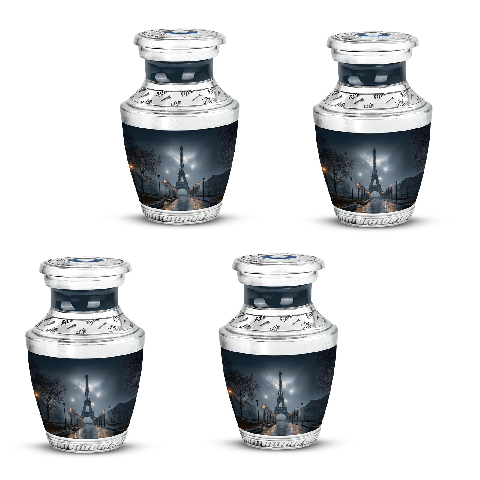 Slate Blue Eiffel Tower Cremation Urn back view with polished surface - modern art-inspired eiffel tower motif on sleek aluminum - 10 inch aluminum urn for cremated remains