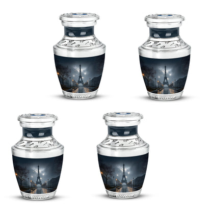 Slate Blue Eiffel Tower Cremation Urn back view with polished surface - modern art-inspired eiffel tower motif on sleek aluminum - 10 inch aluminum urn for cremated remains