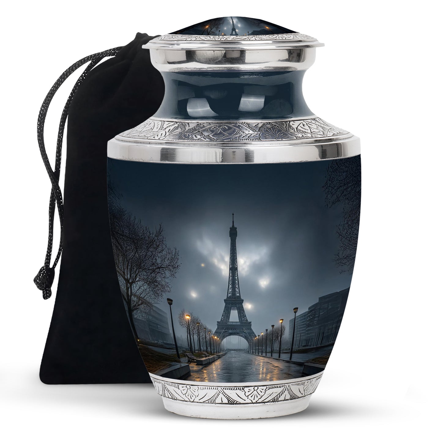 Indigo Eiffel Tower Cremation Urn side profile showing urn shape - modern art-inspired eiffel tower motif on sleek aluminum - full-size 10 inch 200 cubic inch adult cremation urn