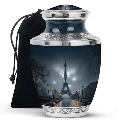 Indigo Eiffel Tower Cremation Urn side profile showing urn shape - modern art-inspired eiffel tower motif on sleek aluminum - full-size 10 inch 200 cubic inch adult cremation urn