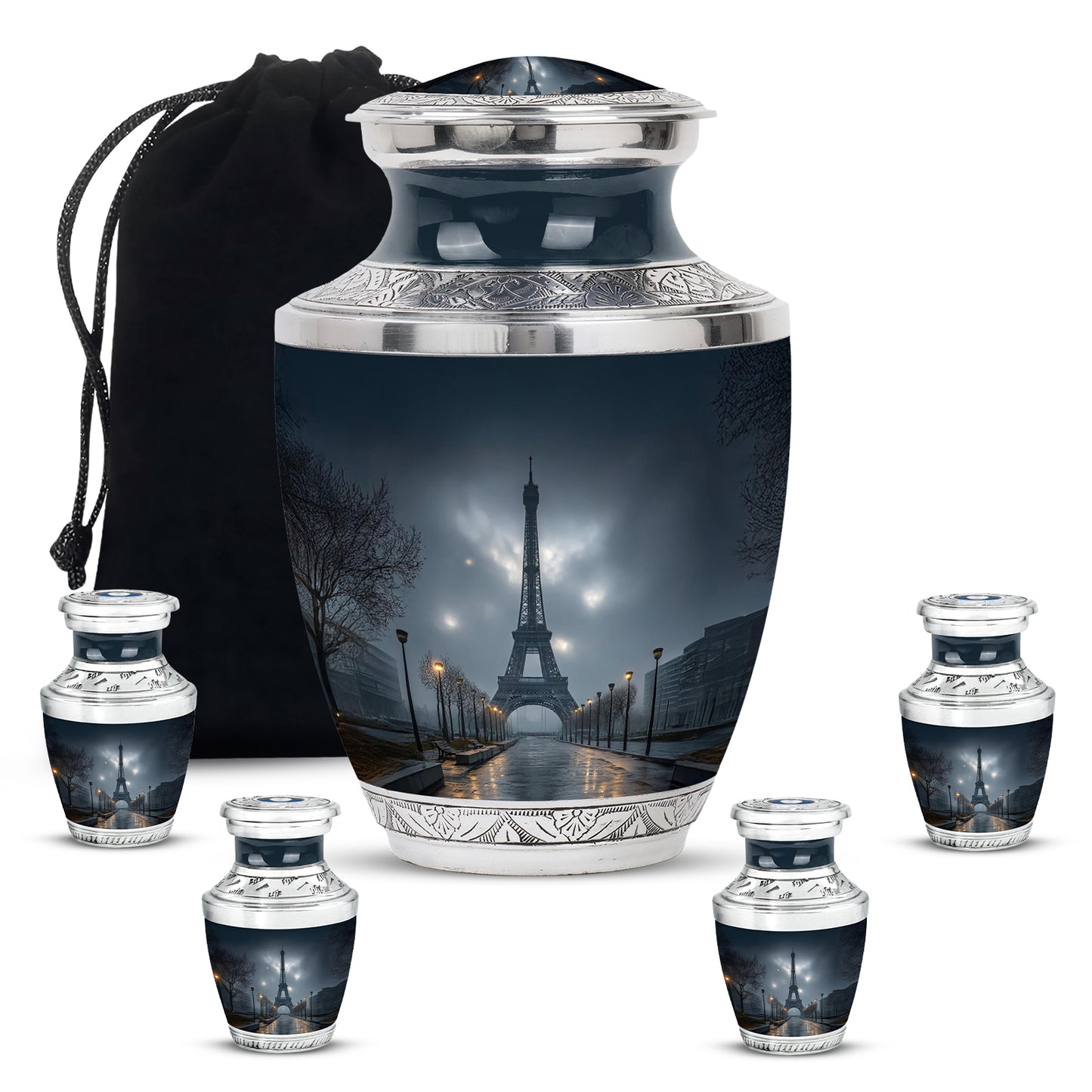 Sky Blue Eiffel Tower Cremation Urn lifestyle display on memorial shelf - contemporary eiffel tower design with modern artistic flair - memorial set with one large and four small urns