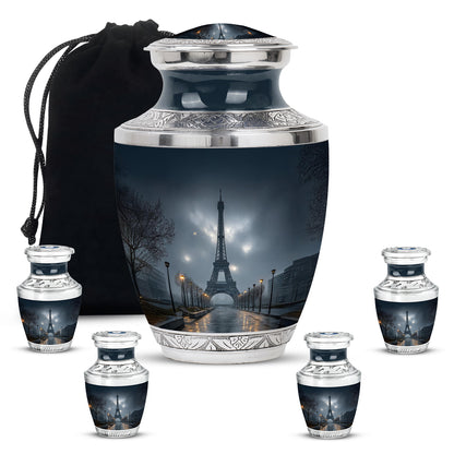 Sky Blue Eiffel Tower Cremation Urn lifestyle display on memorial shelf - contemporary eiffel tower design with modern artistic flair - memorial set with one large and four small urns