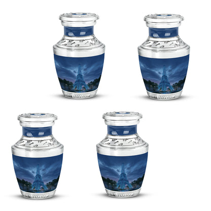Serene Blue Eiffel Tower Cremation Urn back view with polished surface - stylized abstract eiffel tower pattern with bold lines - 10 inch aluminum urn for cremated remains
