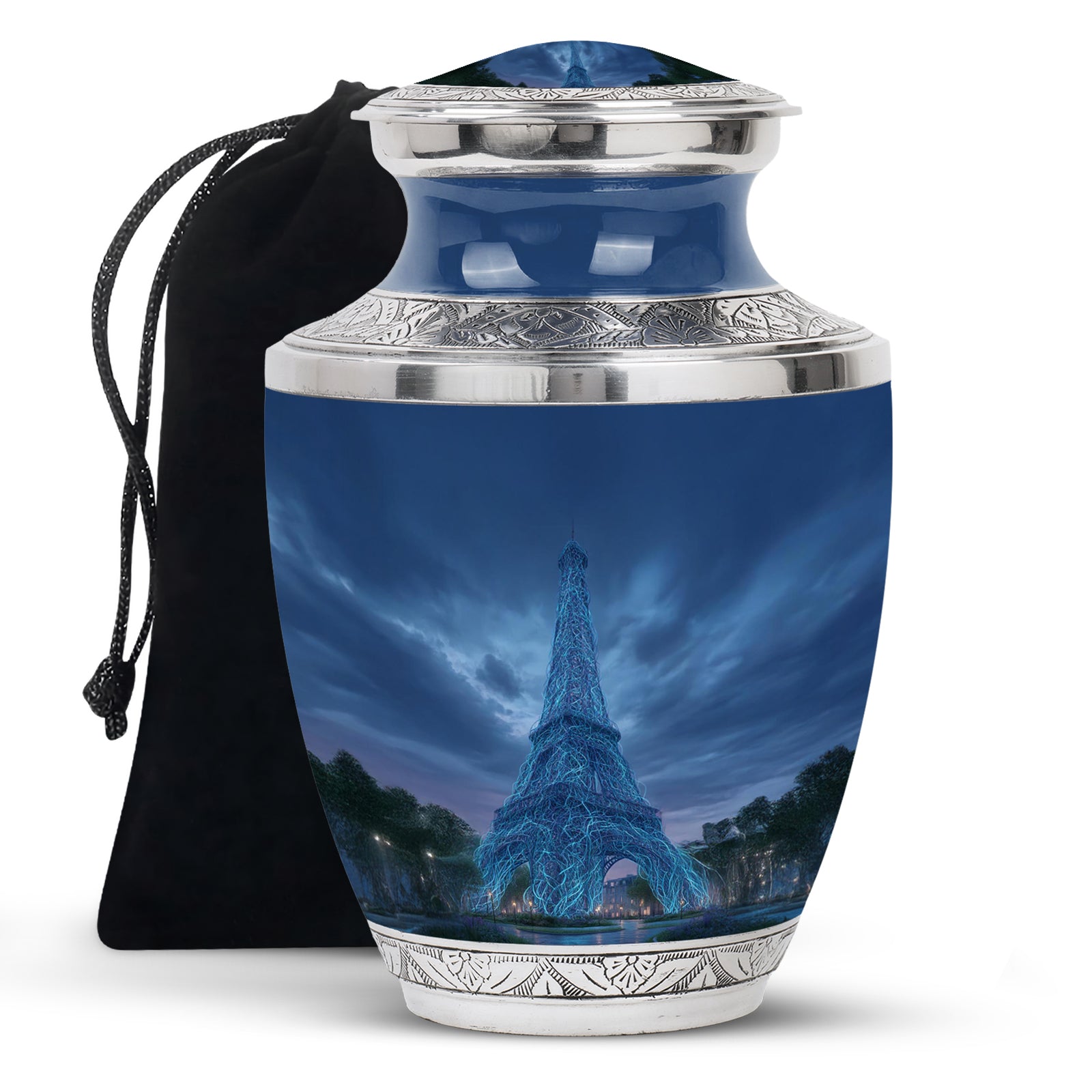 Slate Blue Eiffel Tower Cremation Urn side profile showing urn shape - contemporary eiffel tower design with modern artistic flair - full-size 10 inch 200 cubic inch adult cremation urn