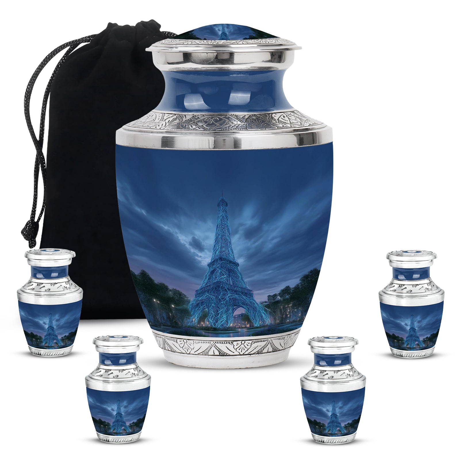 Sapphire Blue Eiffel Tower Cremation Urn lifestyle display on memorial shelf - stylized abstract eiffel tower pattern with bold lines - memorial set with one large and four small urns