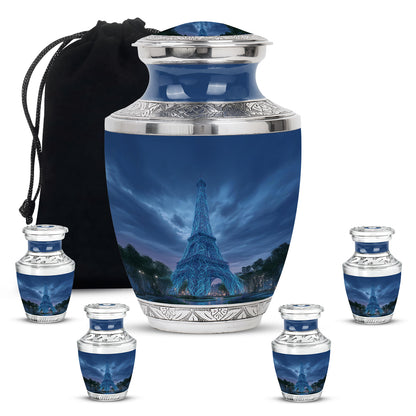 Sapphire Blue Eiffel Tower Cremation Urn lifestyle display on memorial shelf - stylized abstract eiffel tower pattern with bold lines - memorial set with one large and four small urns