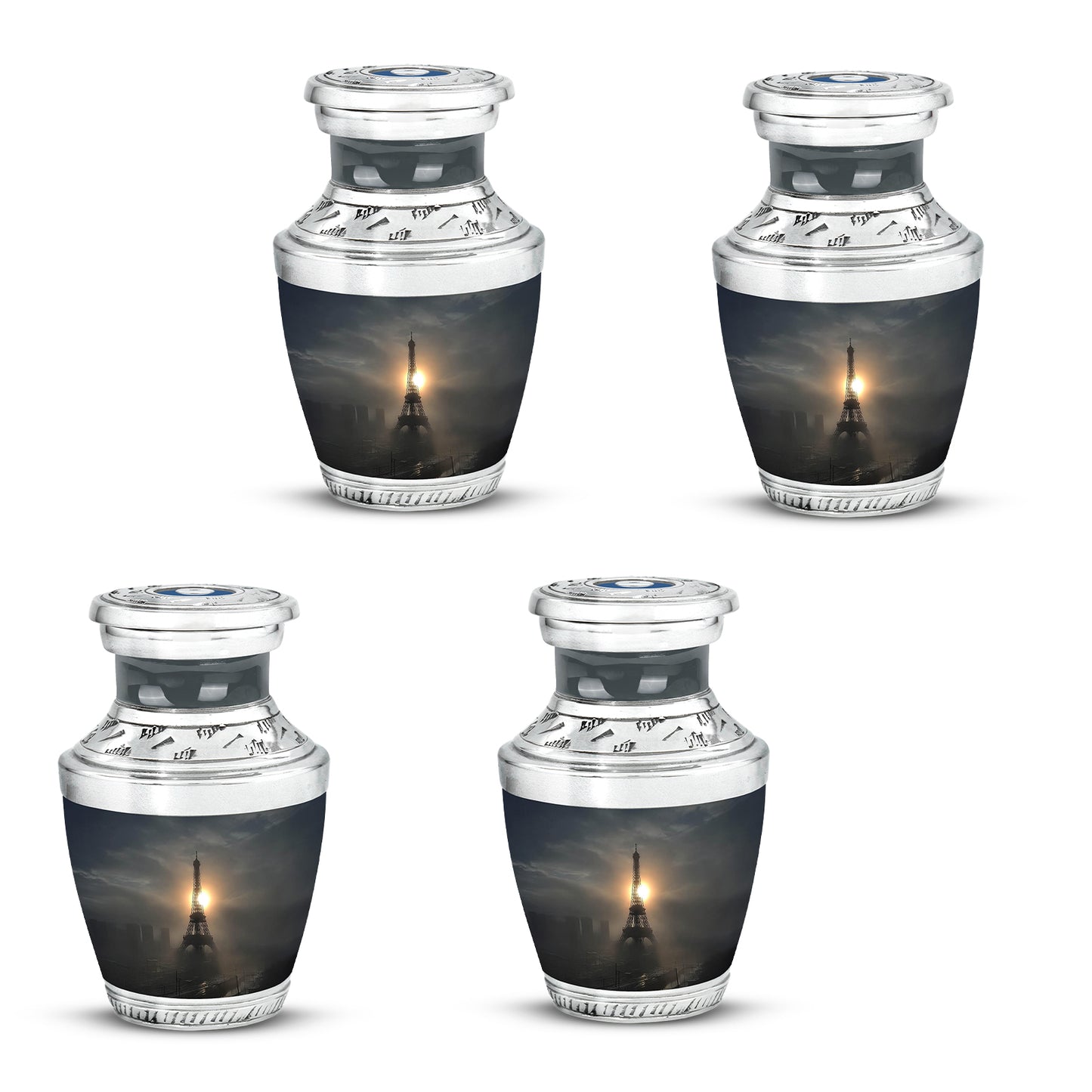 Dark Black Eiffel Tower Cremation Urn back view with polished surface - stylized abstract eiffel tower pattern with bold lines - 10 inch aluminum urn for cremated remains
