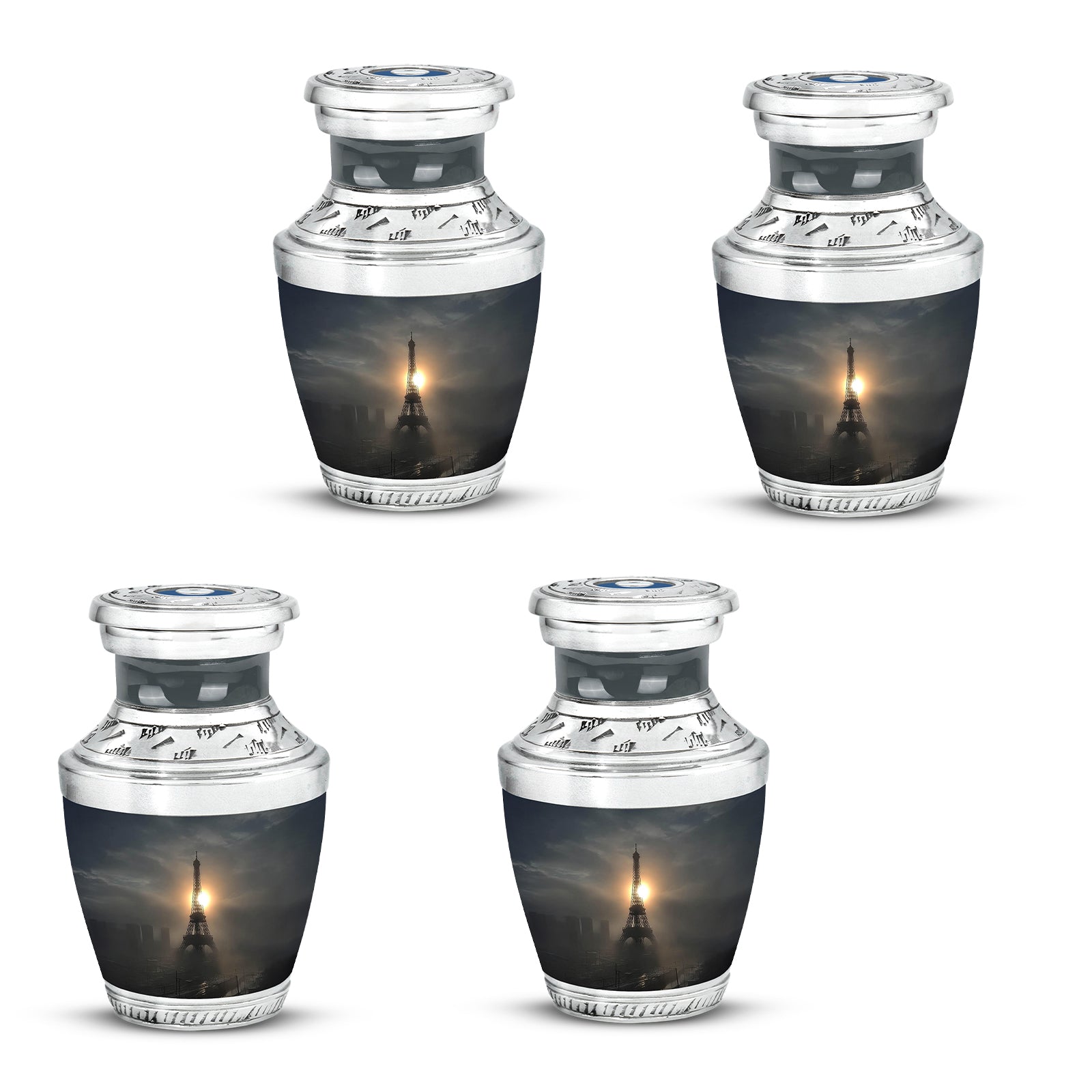 Dark Black Eiffel Tower Cremation Urn back view with polished surface - stylized abstract eiffel tower pattern with bold lines - 10 inch aluminum urn for cremated remains