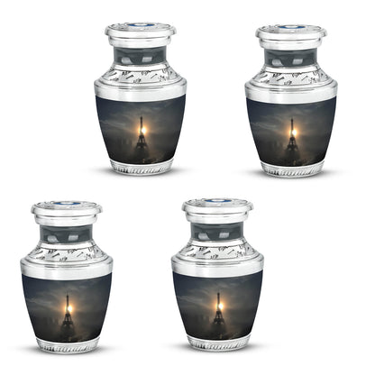 Dark Black Eiffel Tower Cremation Urn back view with polished surface - stylized abstract eiffel tower pattern with bold lines - 10 inch aluminum urn for cremated remains