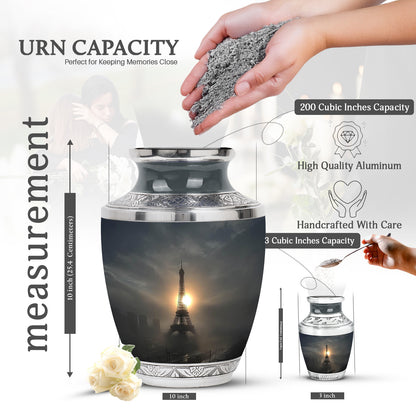 Charcoal Black Eiffel Tower Cremation Urn top-down view of secure threaded lid - stylized abstract eiffel tower pattern with bold lines - mini keepsake memorial for portion of cremation ashes