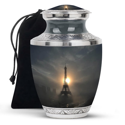 Glossy Black Eiffel Tower Cremation Urn side profile showing urn shape - contemporary eiffel tower design with modern artistic flair - full-size 10 inch 200 cubic inch adult cremation urn