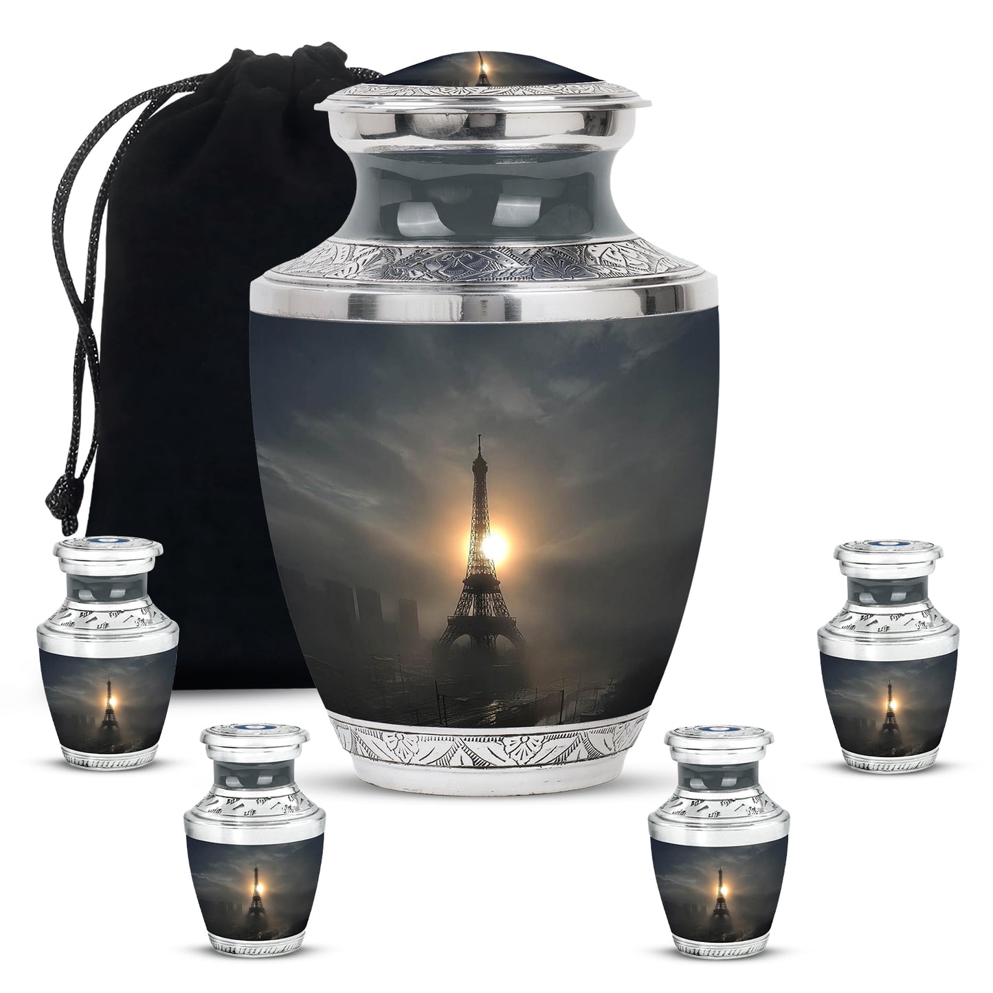 Glossy Black Eiffel Tower Cremation Urn lifestyle display on memorial shelf - modern art-inspired eiffel tower motif on sleek aluminum - memorial set with one large and four small urns