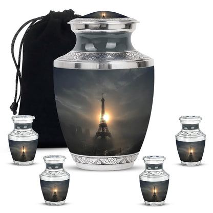 Glossy Black Eiffel Tower Cremation Urn lifestyle display on memorial shelf - modern art-inspired eiffel tower motif on sleek aluminum - memorial set with one large and four small urns