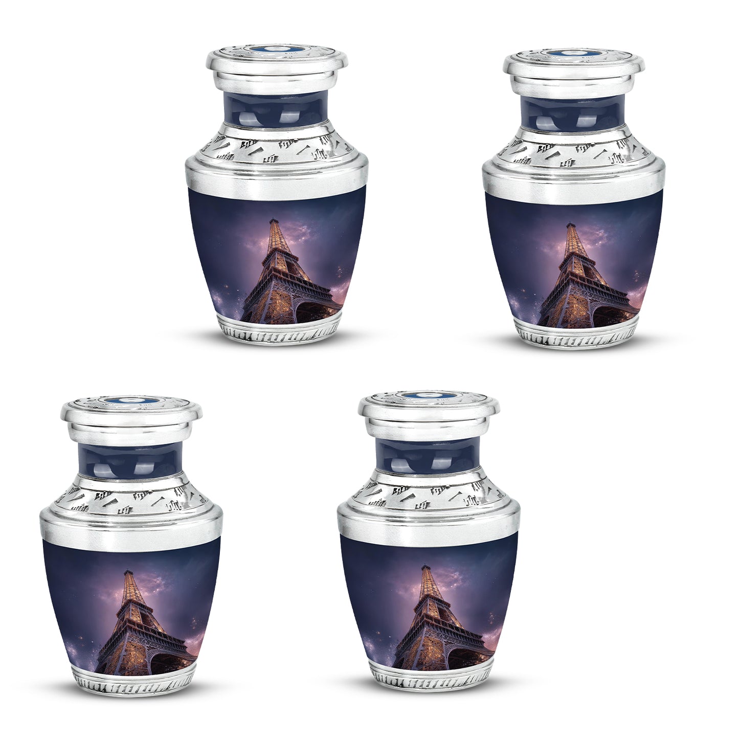 Royal Blue Eiffel Tower Cremation Urn back view with polished surface - stylized abstract eiffel tower pattern with bold lines - 10 inch aluminum urn for cremated remains