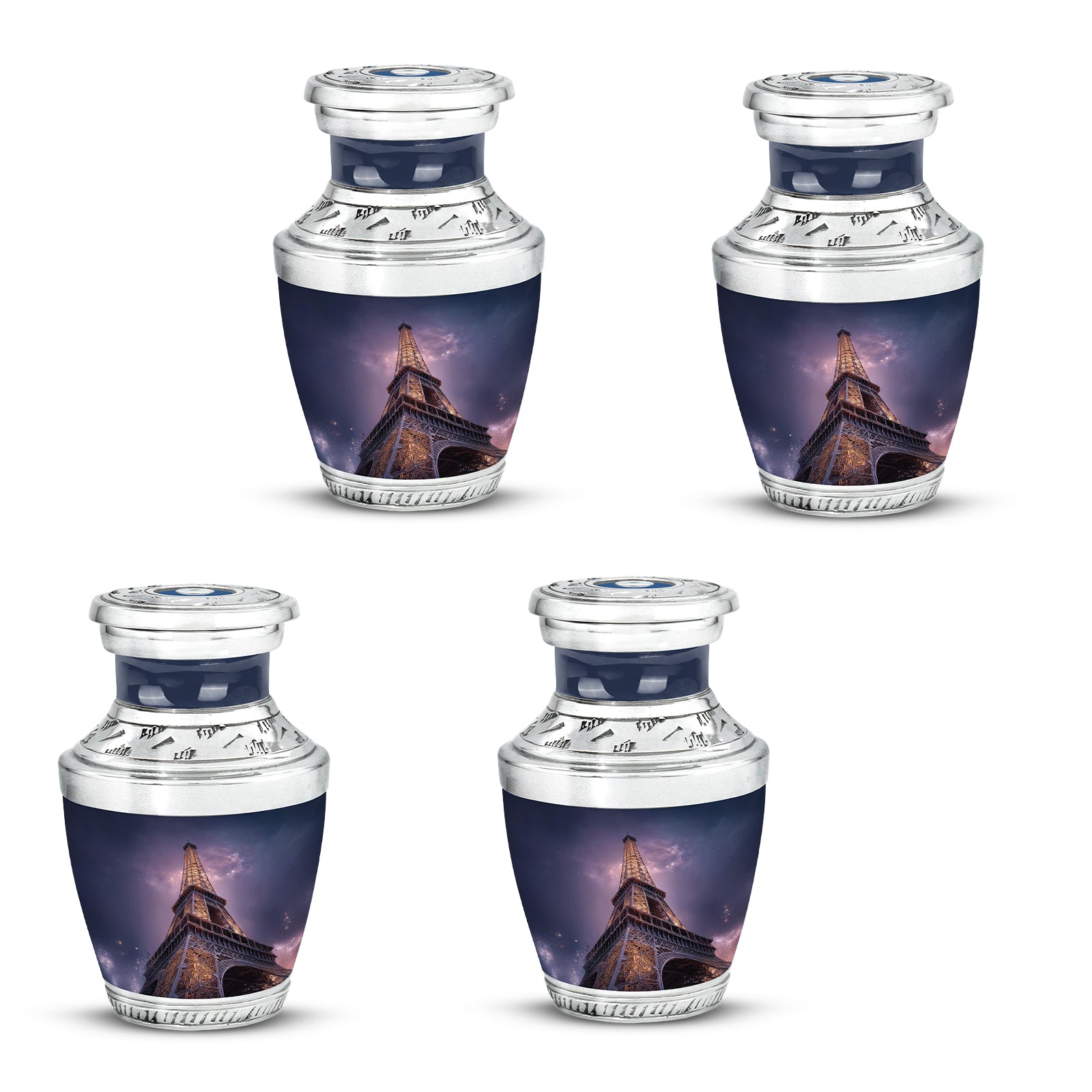 Royal Blue Eiffel Tower Cremation Urn back view with polished surface - stylized abstract eiffel tower pattern with bold lines - 10 inch aluminum urn for cremated remains