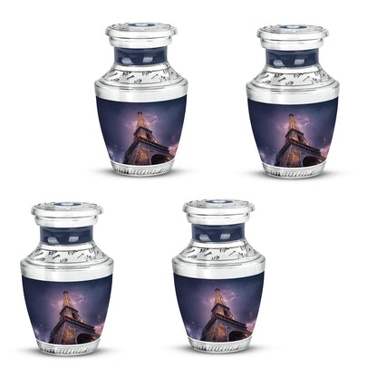 Royal Blue Eiffel Tower Cremation Urn back view with polished surface - stylized abstract eiffel tower pattern with bold lines - 10 inch aluminum urn for cremated remains