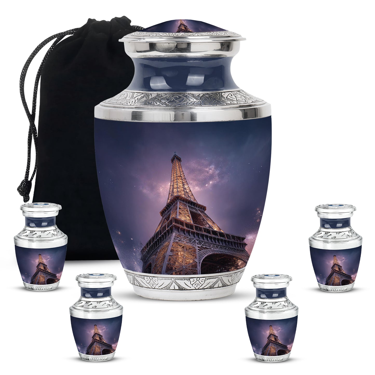 Celestial Blue Eiffel Tower Cremation Urn lifestyle display on memorial shelf - modern art-inspired eiffel tower motif on sleek aluminum - memorial set with one large and four small urns