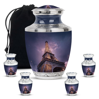 Celestial Blue Eiffel Tower Cremation Urn lifestyle display on memorial shelf - modern art-inspired eiffel tower motif on sleek aluminum - memorial set with one large and four small urns