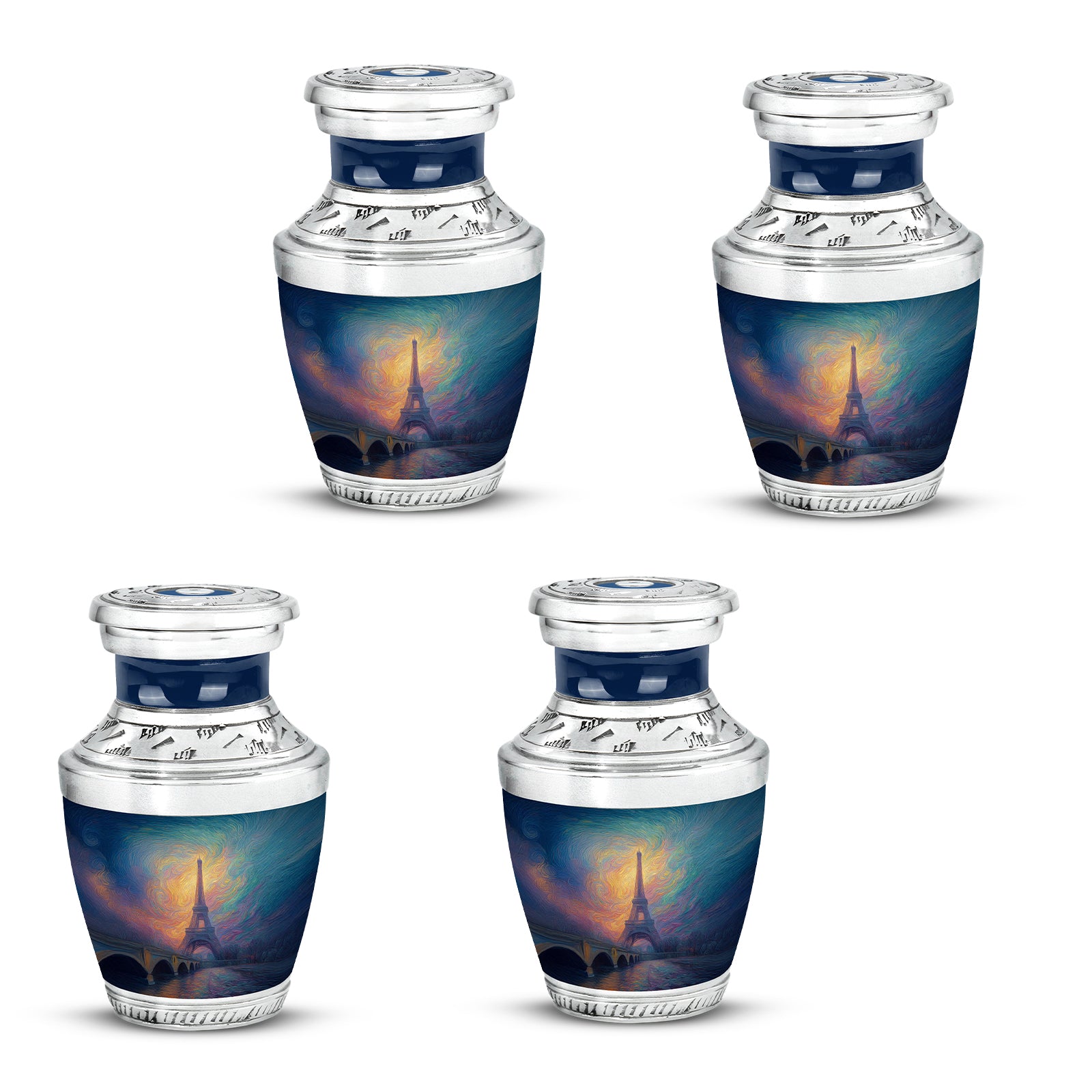 Soft Blue Eiffel Tower Cremation Urn back view with polished surface - stylized abstract eiffel tower pattern with bold lines - 10 inch aluminum urn for cremated remains