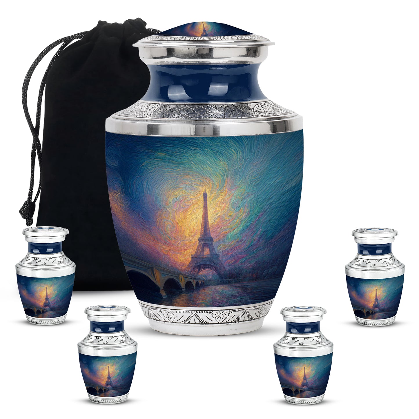 Dusty Blue Eiffel Tower Cremation Urn lifestyle display on memorial shelf - modern art-inspired eiffel tower motif on sleek aluminum - memorial set with one large and four small urns