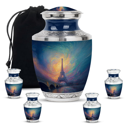 Dusty Blue Eiffel Tower Cremation Urn lifestyle display on memorial shelf - modern art-inspired eiffel tower motif on sleek aluminum - memorial set with one large and four small urns