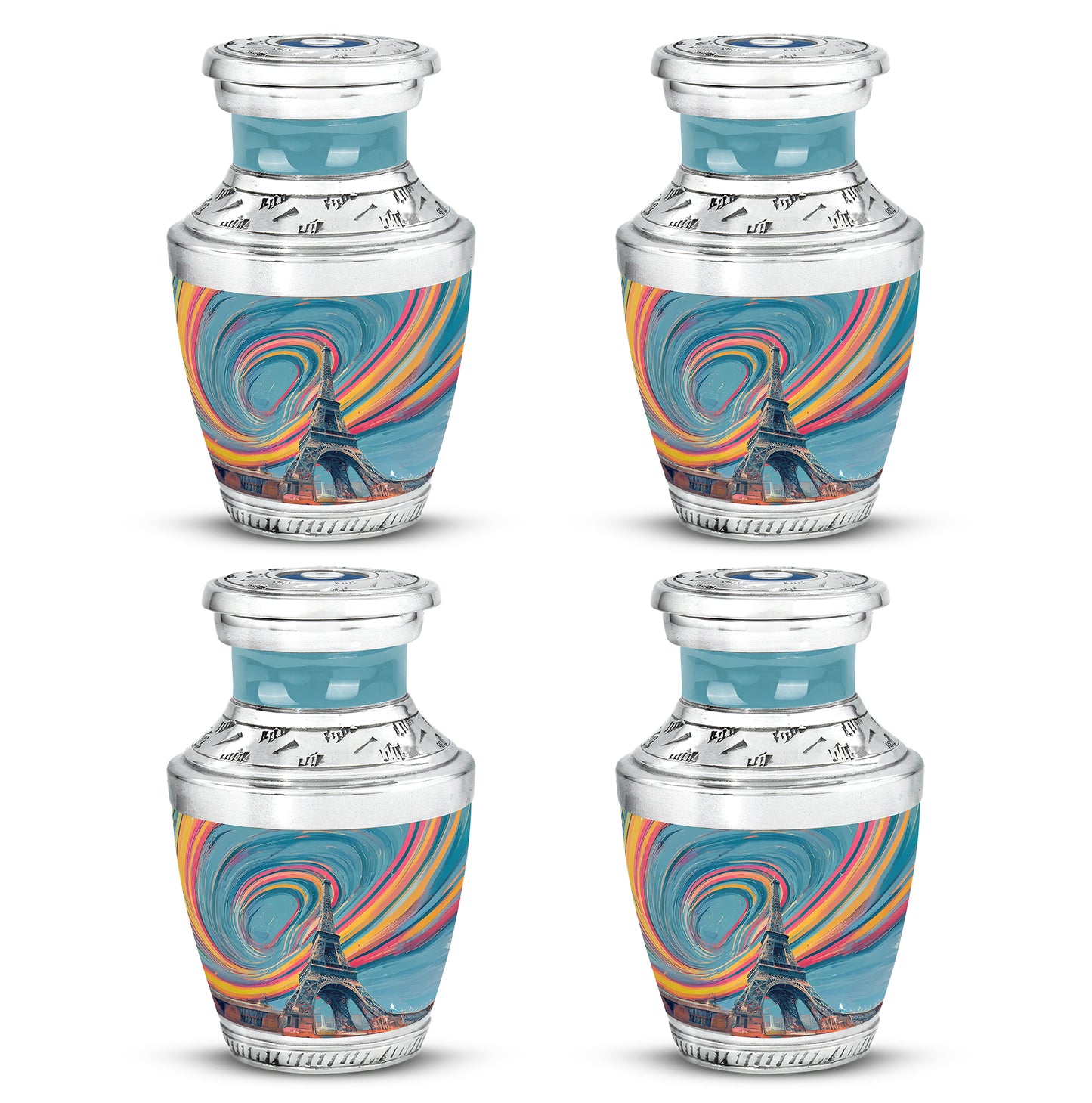 Vivid Teal Eiffel Tower Cremation Urn back view with polished surface - stylized abstract eiffel tower pattern with bold lines - 10 inch aluminum urn for cremated remains