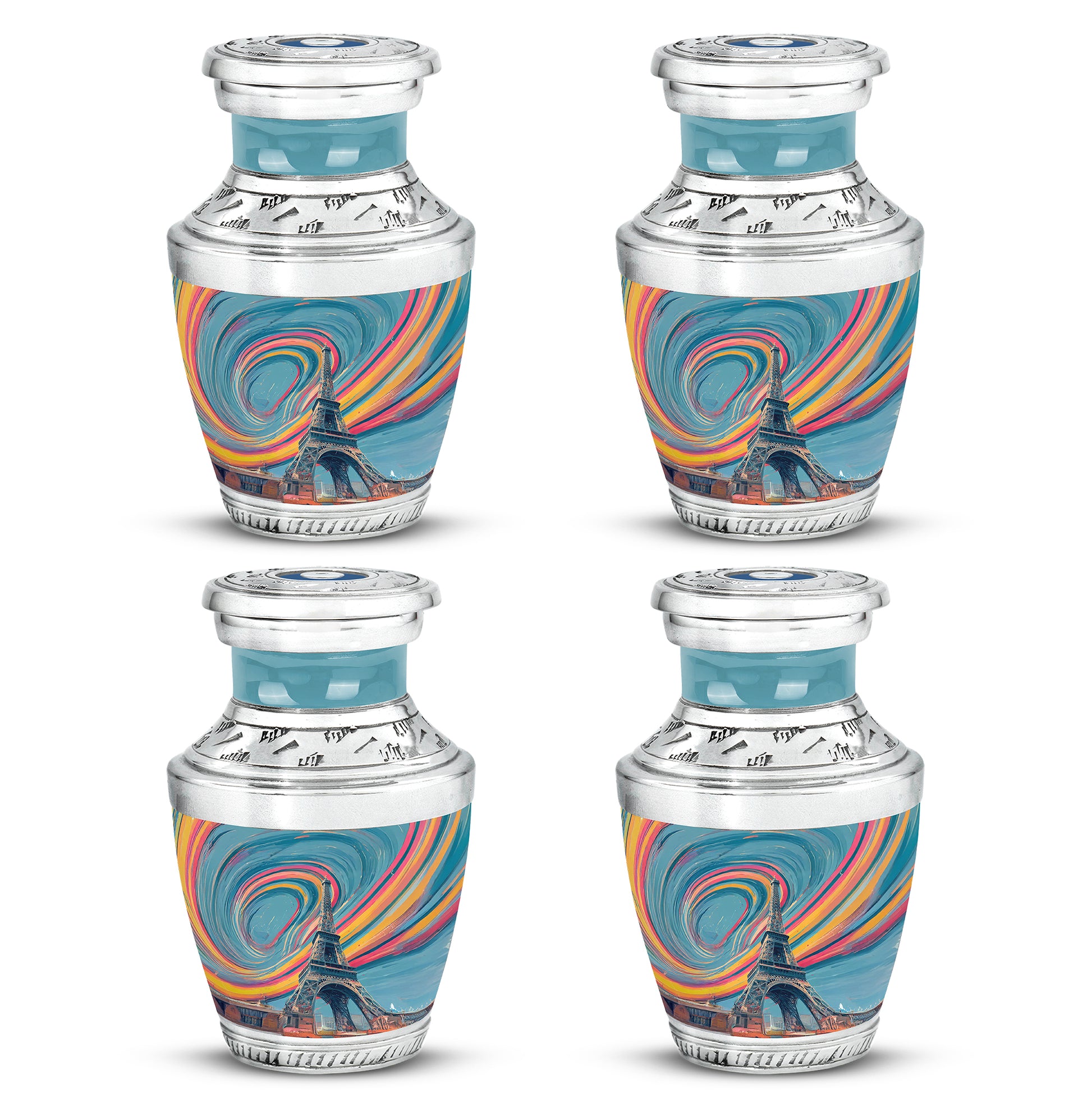 Vivid Teal Eiffel Tower Cremation Urn back view with polished surface - stylized abstract eiffel tower pattern with bold lines - 10 inch aluminum urn for cremated remains
