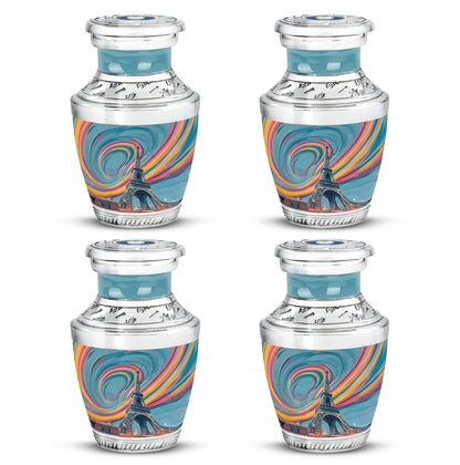 Vivid Teal Eiffel Tower Cremation Urn back view with polished surface - stylized abstract eiffel tower pattern with bold lines - 10 inch aluminum urn for cremated remains