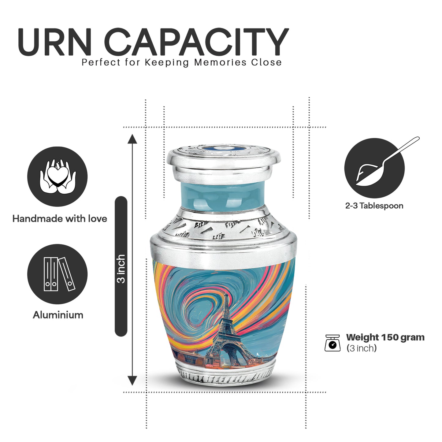 Soft Teal Eiffel Tower Cremation Urn top-down view of secure threaded lid - contemporary eiffel tower design with modern artistic flair - mini keepsake memorial for portion of cremation ashes