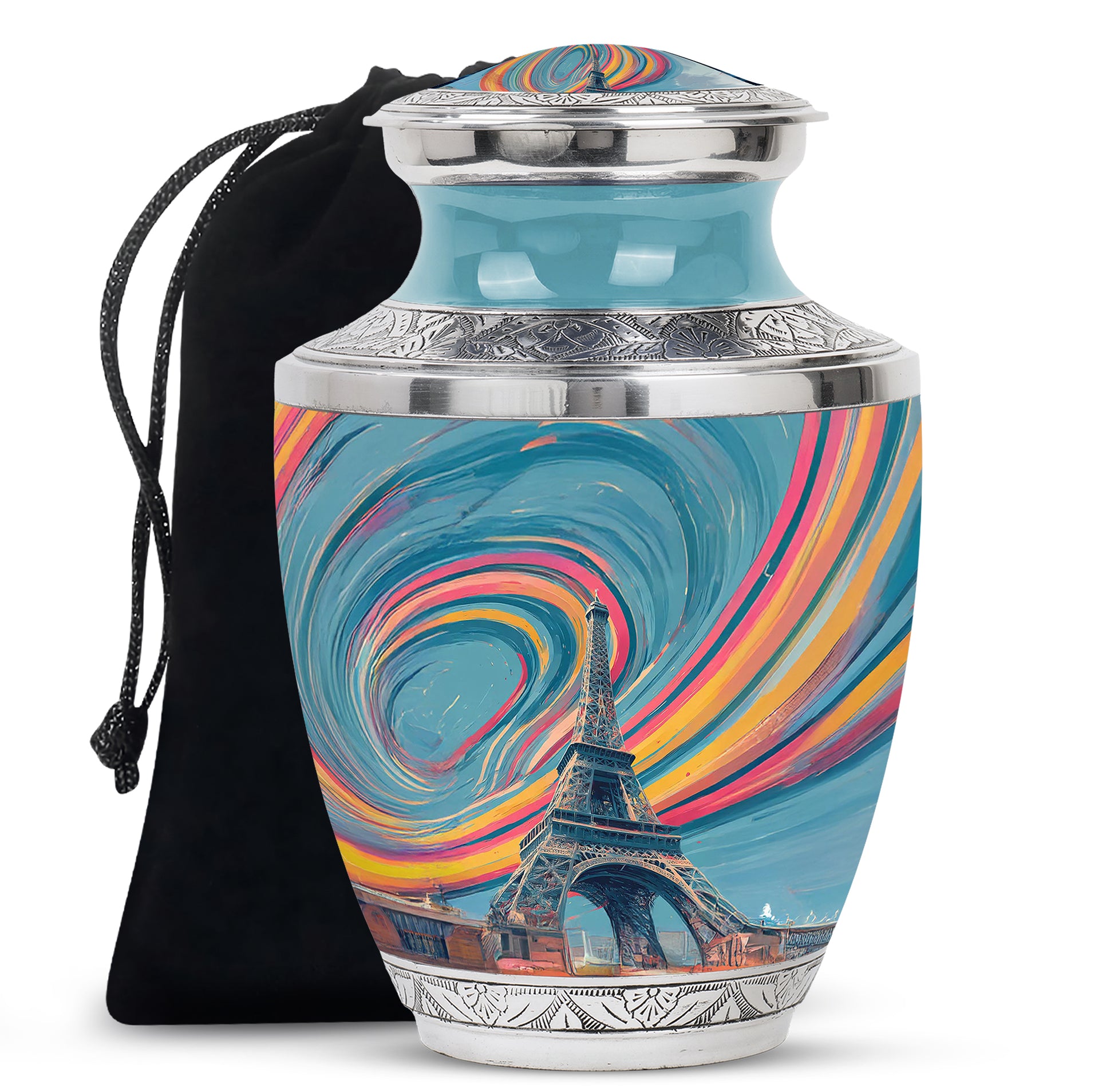 Soft Teal Eiffel Tower Cremation Urn side profile showing urn shape - contemporary eiffel tower design with modern artistic flair - full-size 10 inch 200 cubic inch adult cremation urn