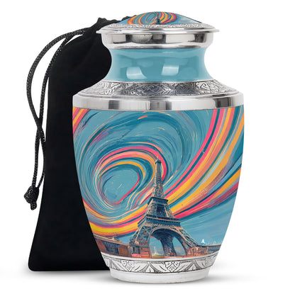 Soft Teal Eiffel Tower Cremation Urn side profile showing urn shape - contemporary eiffel tower design with modern artistic flair - full-size 10 inch 200 cubic inch adult cremation urn