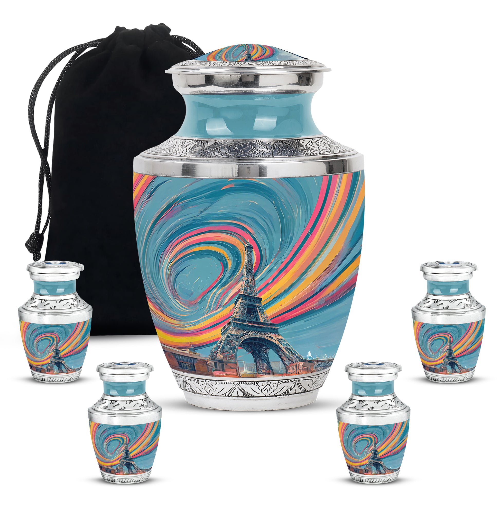 Soft Teal Eiffel Tower Cremation Urn lifestyle display on memorial shelf - contemporary eiffel tower design with modern artistic flair - memorial set with one large and four small urns