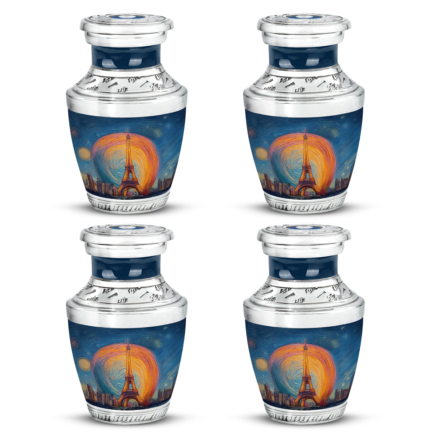Royal Blue Eiffel Tower Cremation Urn back view with polished surface - stylized abstract eiffel tower pattern with bold lines - 10 inch aluminum urn for cremated remains
