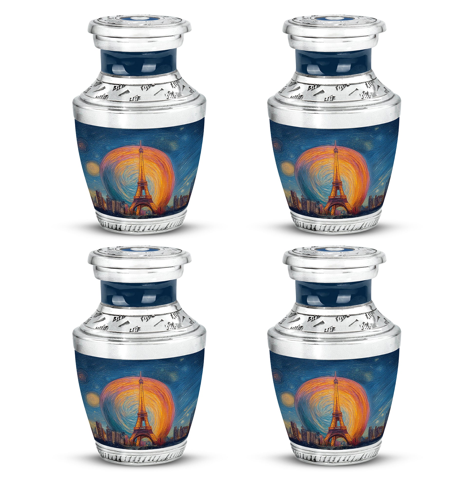 Royal Blue Eiffel Tower Cremation Urn back view with polished surface - stylized abstract eiffel tower pattern with bold lines - 10 inch aluminum urn for cremated remains