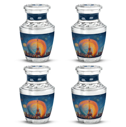 Royal Blue Eiffel Tower Cremation Urn back view with polished surface - stylized abstract eiffel tower pattern with bold lines - 10 inch aluminum urn for cremated remains