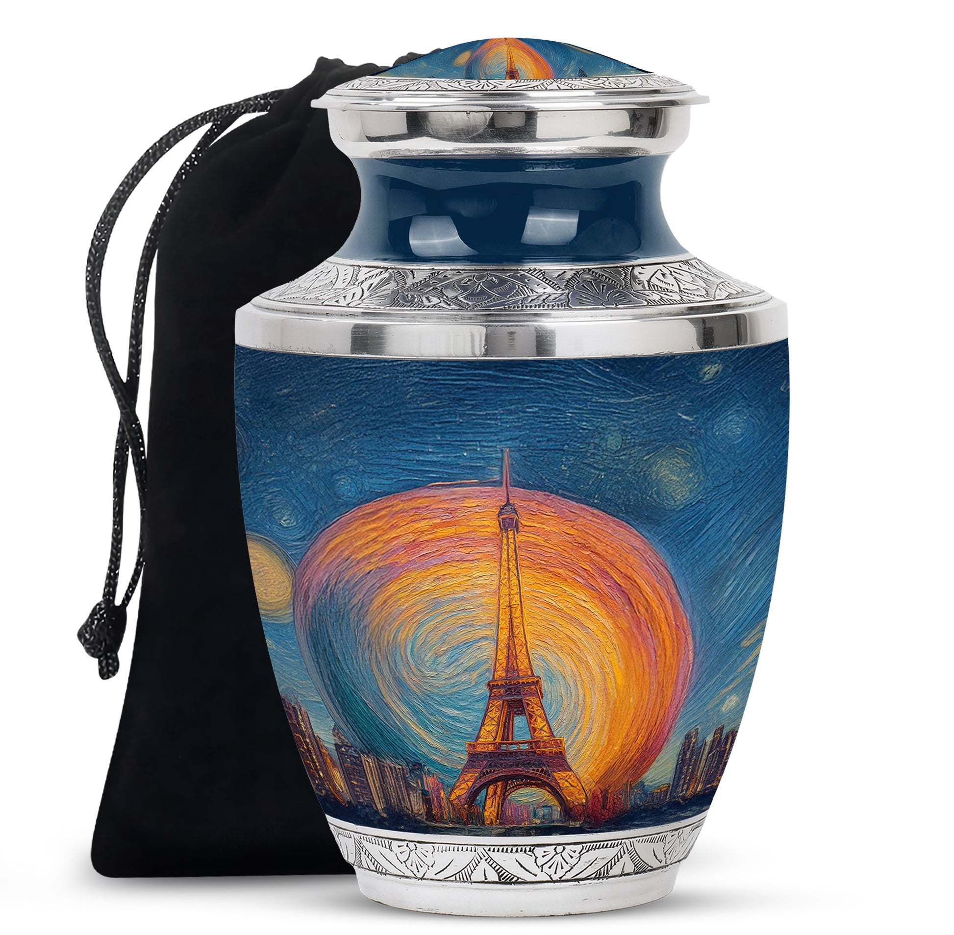 Slate Blue Eiffel Tower Cremation Urn side profile showing urn shape - modern art-inspired eiffel tower motif on sleek aluminum - full-size 10 inch 200 cubic inch adult cremation urn