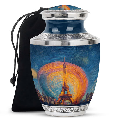 Slate Blue Eiffel Tower Cremation Urn side profile showing urn shape - modern art-inspired eiffel tower motif on sleek aluminum - full-size 10 inch 200 cubic inch adult cremation urn