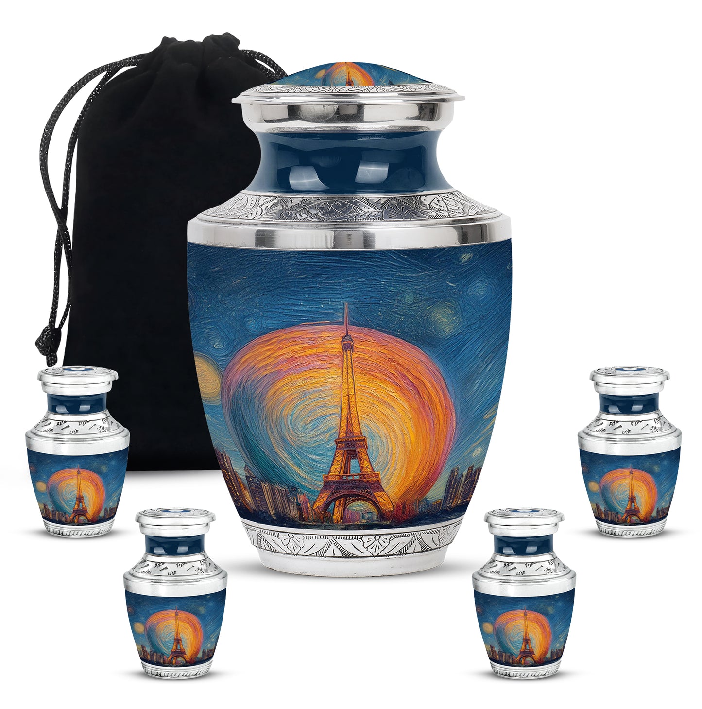 Indigo Eiffel Tower Cremation Urn lifestyle display on memorial shelf - modern art-inspired eiffel tower motif on sleek aluminum - memorial set with one large and four small urns