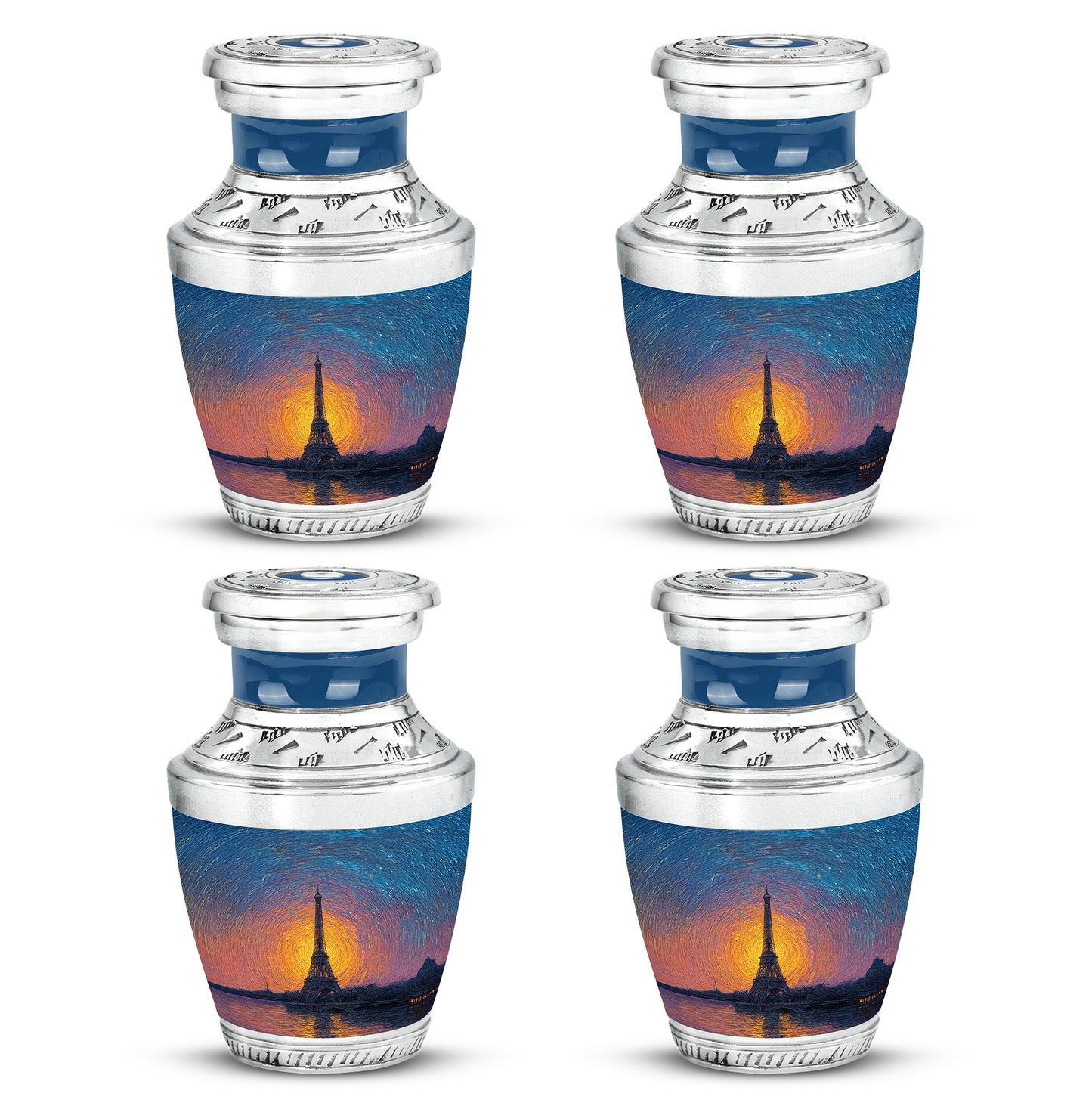 Steel Blue Eiffel Tower Cremation Urn back view with polished surface - stylized abstract eiffel tower pattern with bold lines - 10 inch aluminum urn for cremated remains