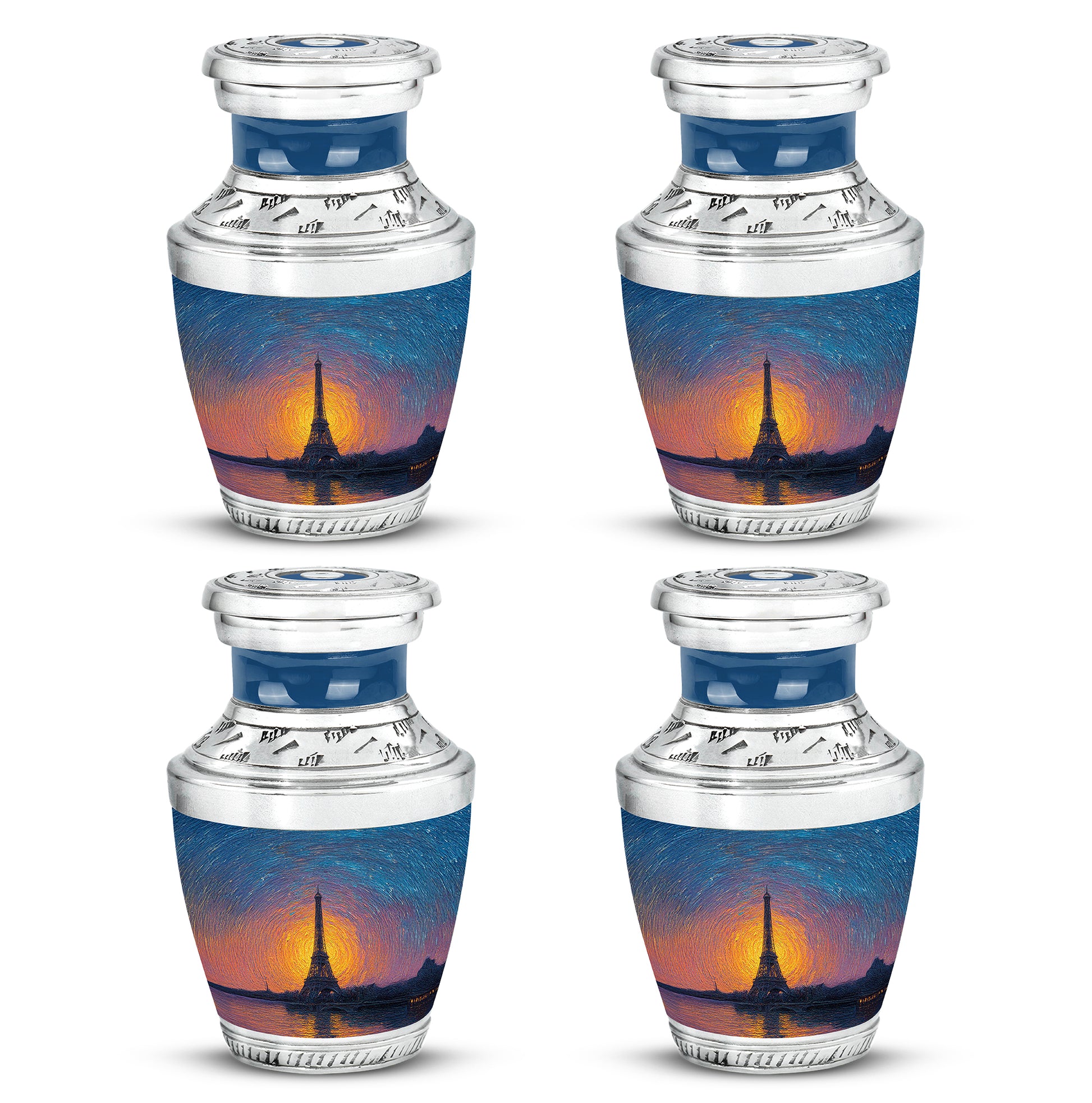 Steel Blue Eiffel Tower Cremation Urn back view with polished surface - stylized abstract eiffel tower pattern with bold lines - 10 inch aluminum urn for cremated remains