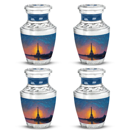 Steel Blue Eiffel Tower Cremation Urn back view with polished surface - stylized abstract eiffel tower pattern with bold lines - 10 inch aluminum urn for cremated remains