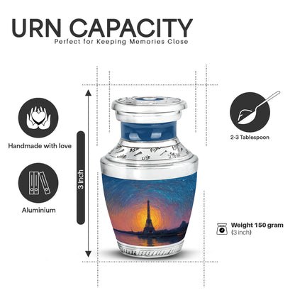 Cornflower Blue Eiffel Tower Cremation Urn top-down view of secure threaded lid - artistic eiffel tower interpretation with creative detail - mini keepsake memorial for portion of cremation ashes