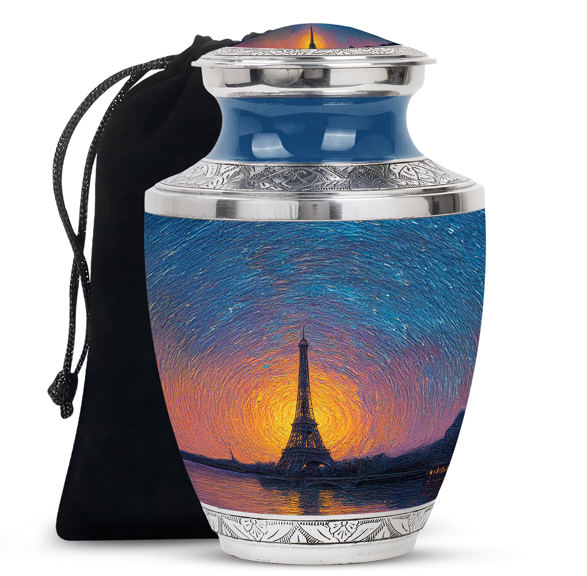 Slate Blue Eiffel Tower Cremation Urn side profile showing urn shape - contemporary eiffel tower design with modern artistic flair - full-size 10 inch 200 cubic inch adult cremation urn