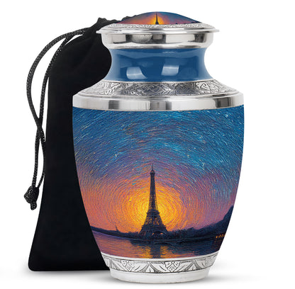 Slate Blue Eiffel Tower Cremation Urn side profile showing urn shape - contemporary eiffel tower design with modern artistic flair - full-size 10 inch 200 cubic inch adult cremation urn