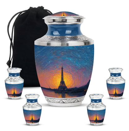 Celestial Blue Eiffel Tower Cremation Urn lifestyle display on memorial shelf - contemporary eiffel tower design with modern artistic flair - memorial set with one large and four small urns