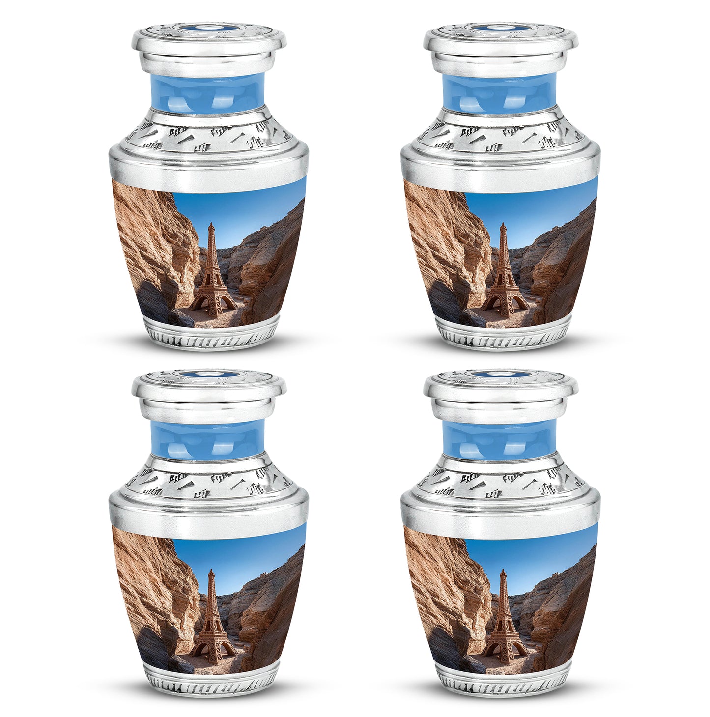 Sky Blue Eiffel Tower Cremation Urn back view with polished surface - contemporary eiffel tower design with modern artistic flair - 10 inch aluminum urn for cremated remains