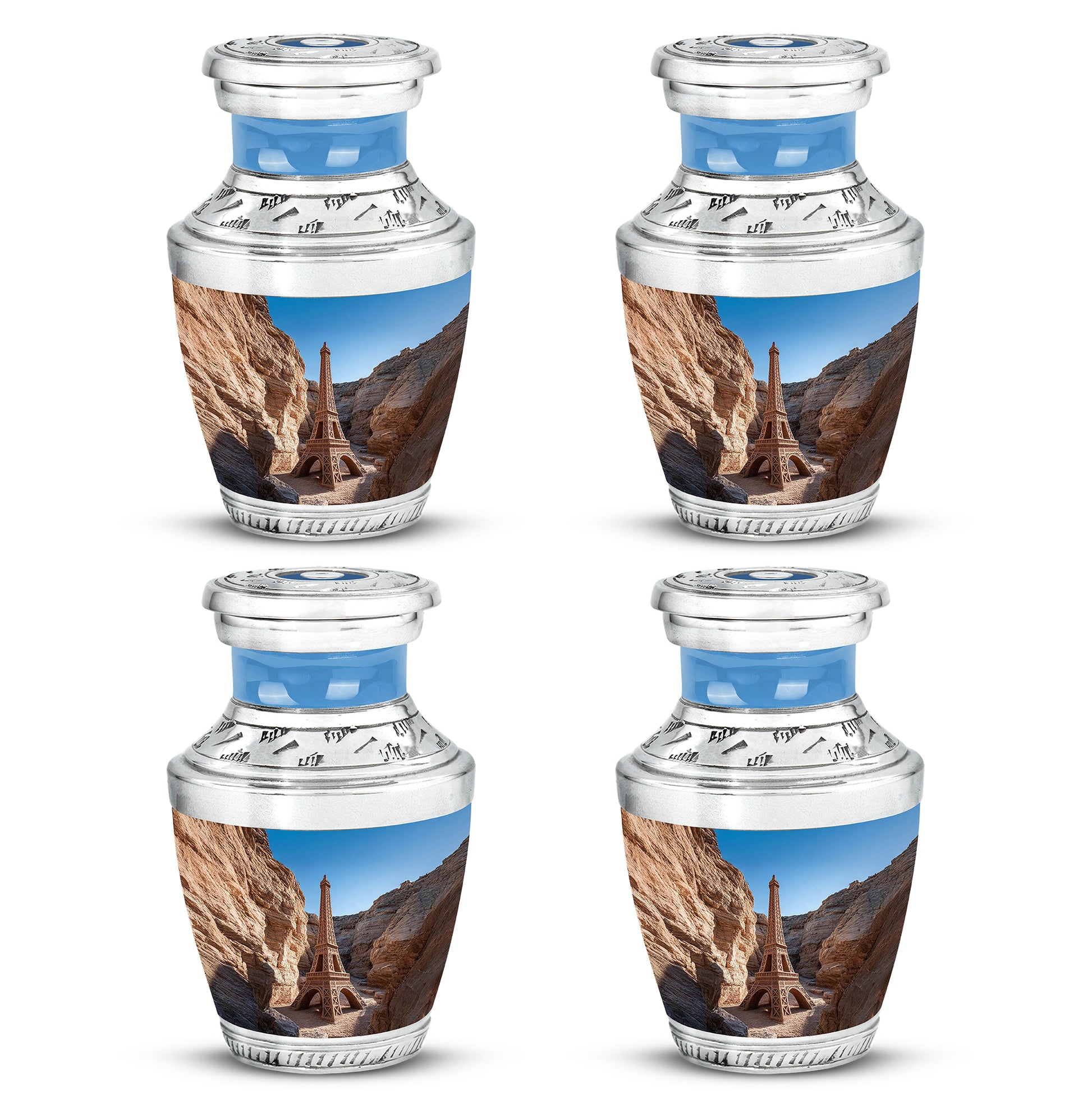 Sky Blue Eiffel Tower Cremation Urn back view with polished surface - contemporary eiffel tower design with modern artistic flair - 10 inch aluminum urn for cremated remains